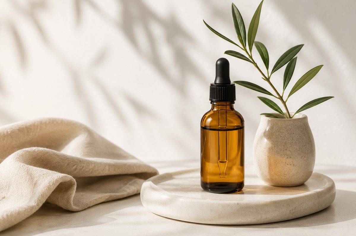 Flacon de sérum cosmétique et brin d'olivier dans une lumière naturelle