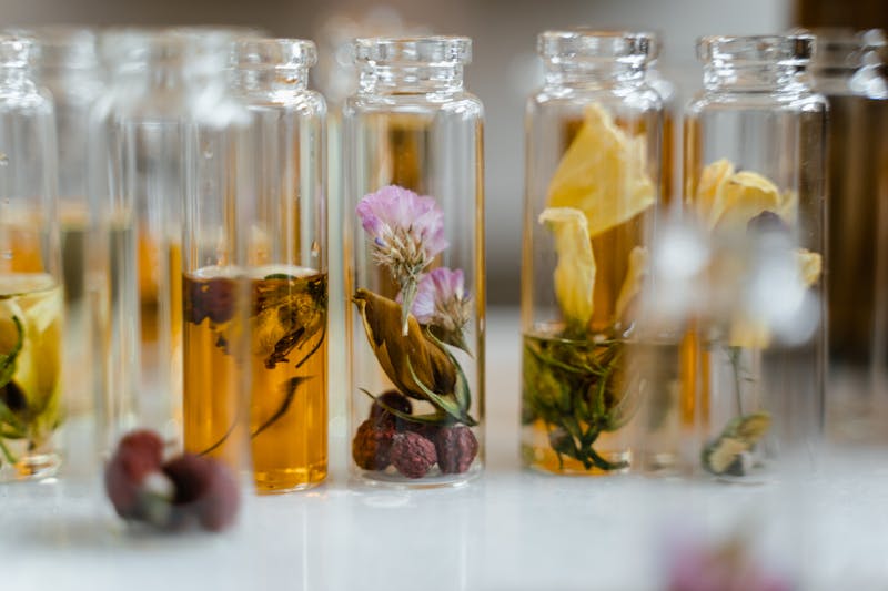 Fleurs séchées dans des fioles en verre